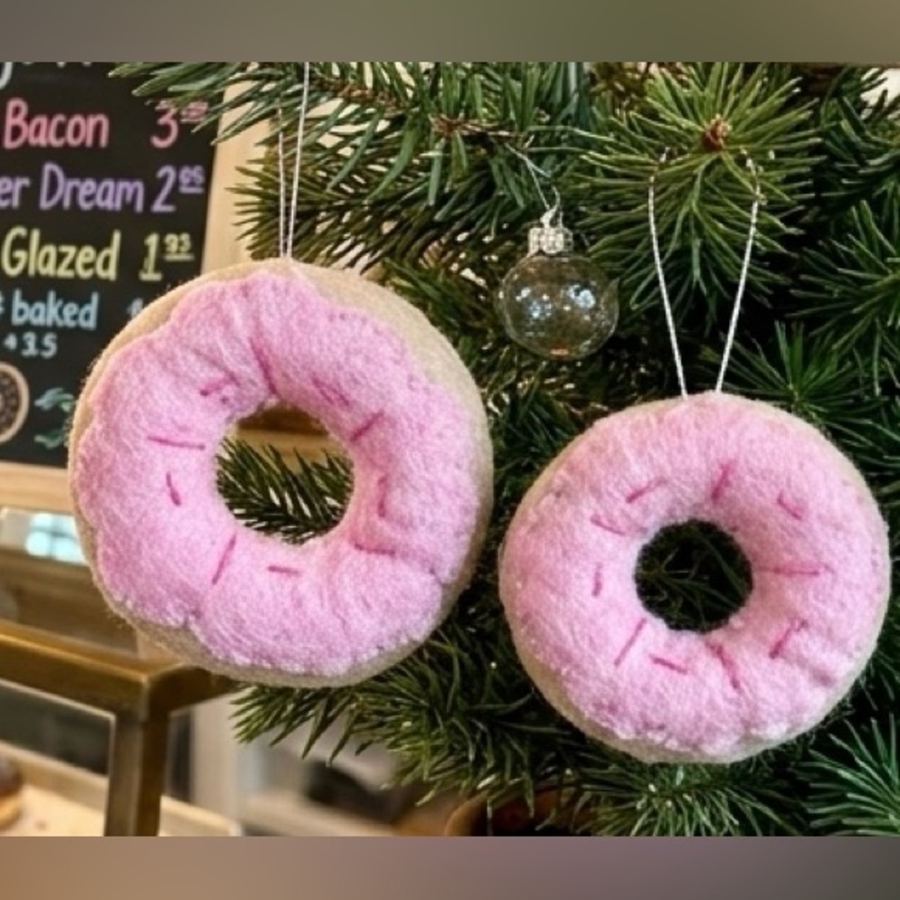 Set of 2 Handmade Felt Donut Ornaments – Pink Frosting with Sprinkles